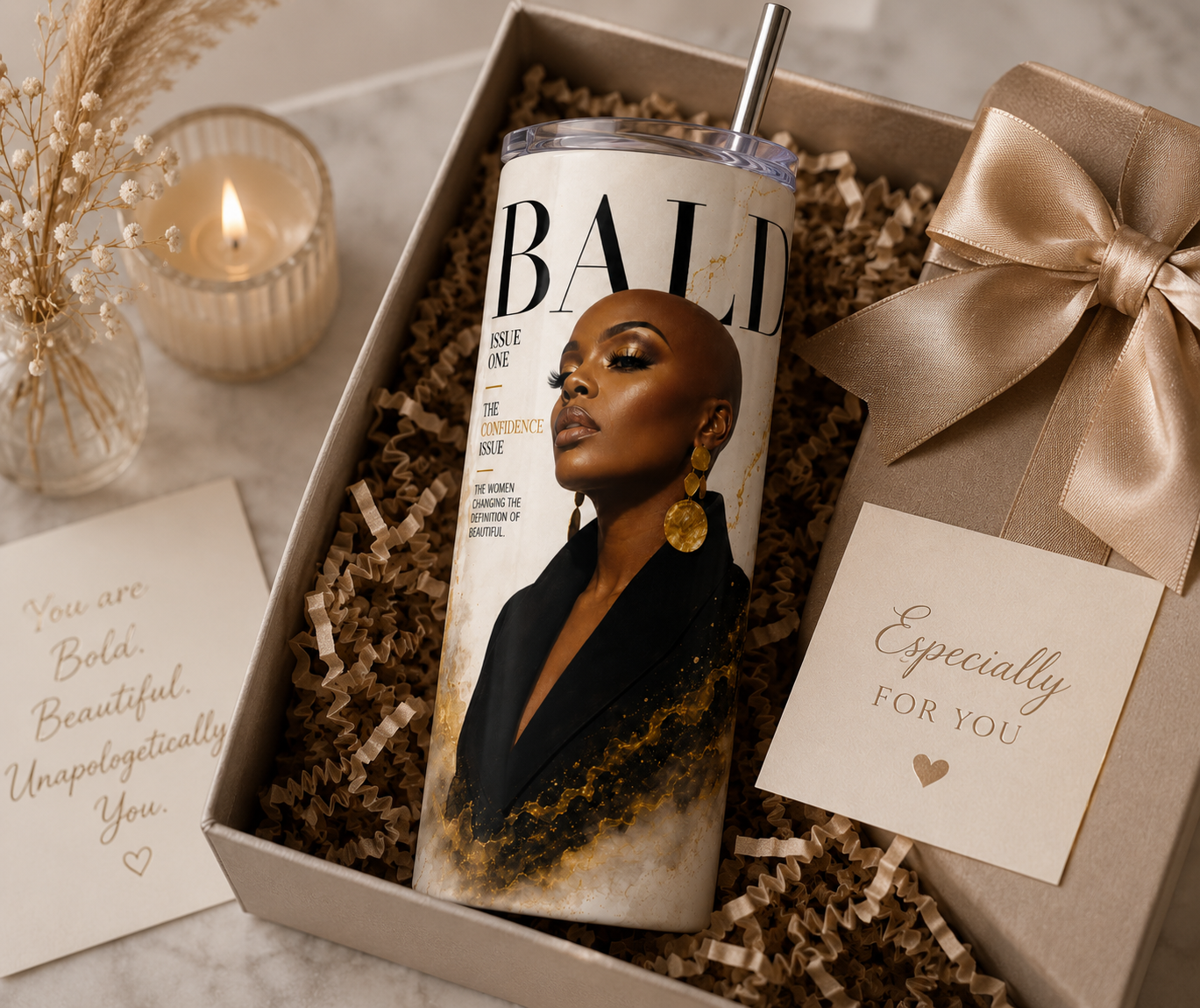 BALD Confidence Issue 20oz Skinny Tumbler | Empowering Bald Beauty Gift