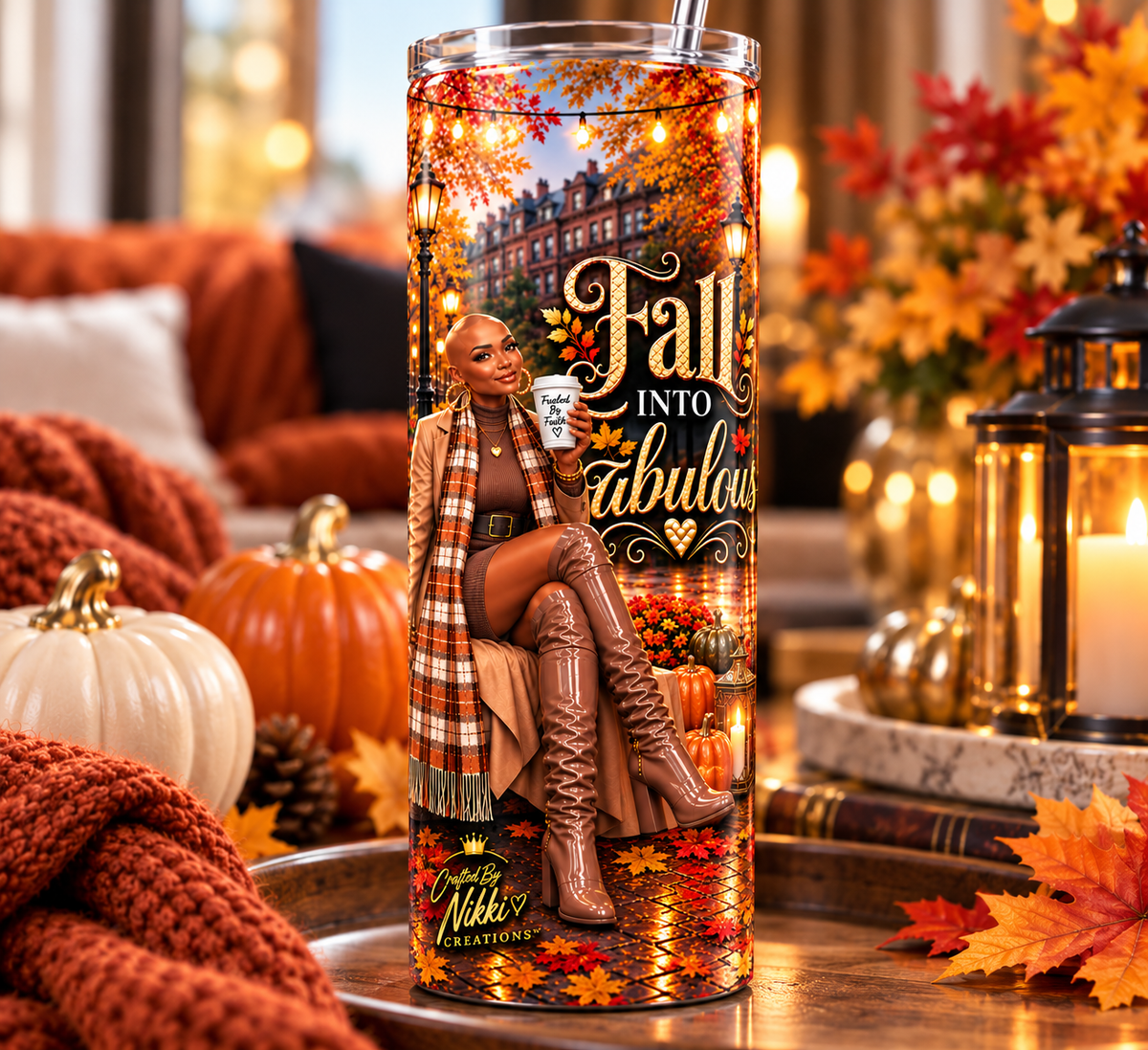 Fall Into Fabulous 20oz Bald Baddie tumbler with pumpkins and warm autumn decor