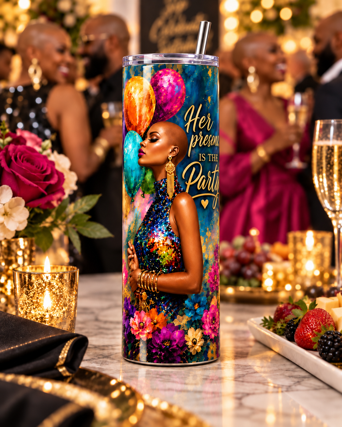 Her Presence Is the Party 20oz Bald Baddie tumbler in an elegant party setting