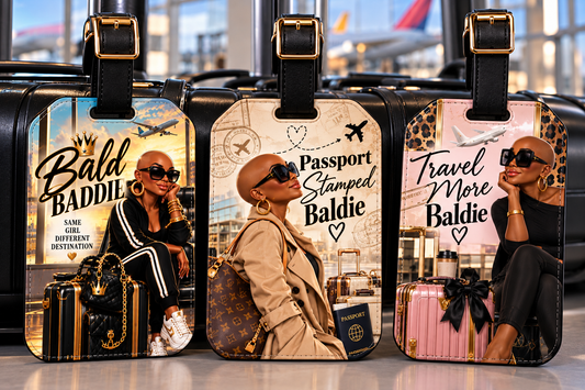 Three Bald Baddie luggage tag design options: Same Girl Different Destination, Passport Stamped Baldie, and Travel More Baldie