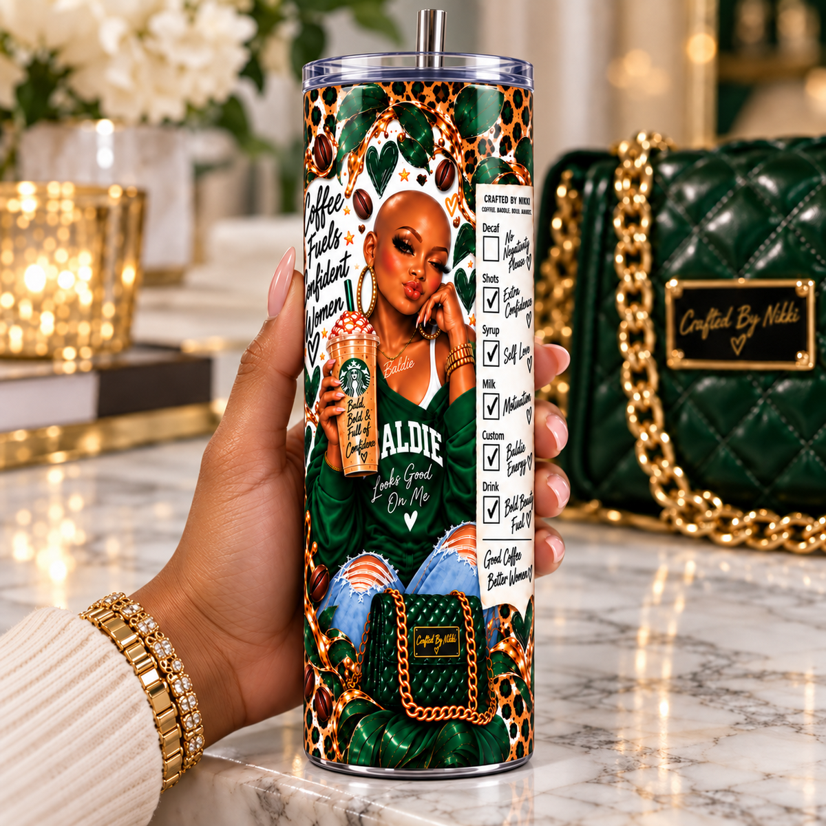 Coffee Crown Confidence 20oz Bald Baddie tumbler held in hand