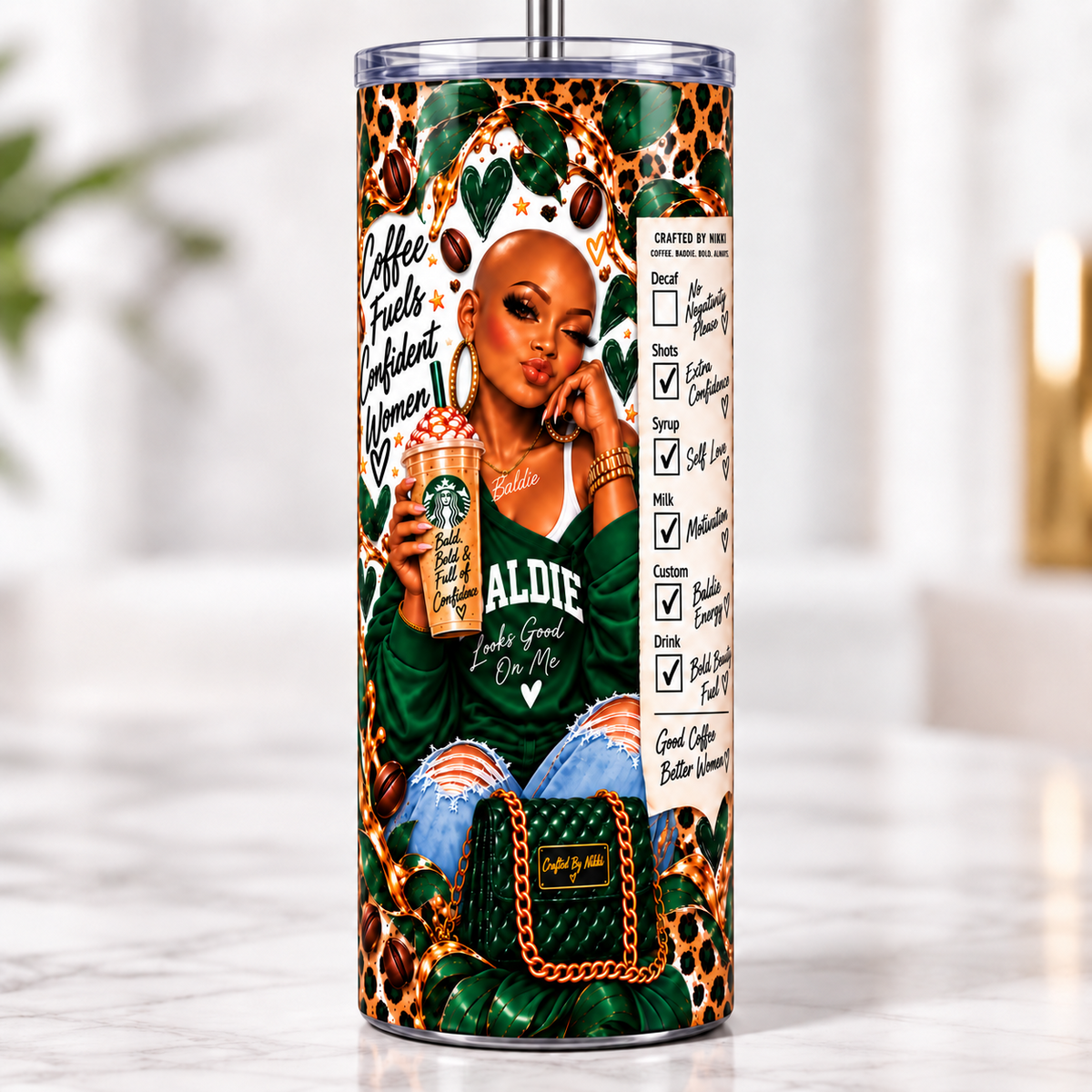 Coffee Crown Confidence 20oz Bald Baddie tumbler on marble surface