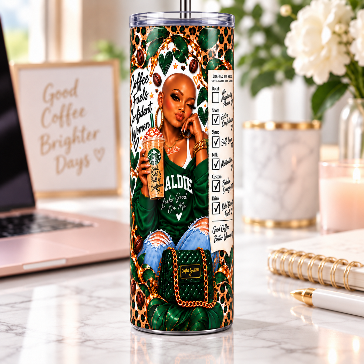 Coffee Crown Confidence 20oz Bald Baddie tumbler lifestyle desk mockup