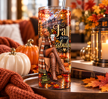 Fall Into Fabulous 20oz Bald Baddie tumbler in a cozy autumn setting